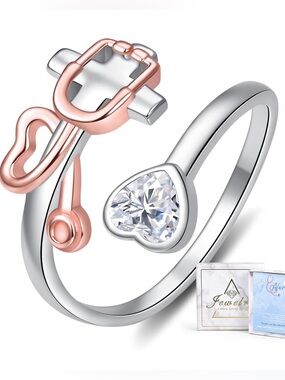 Sterling Silver Heart Stethoscope Nurse Rose Gold & Silver Moissanite Ring